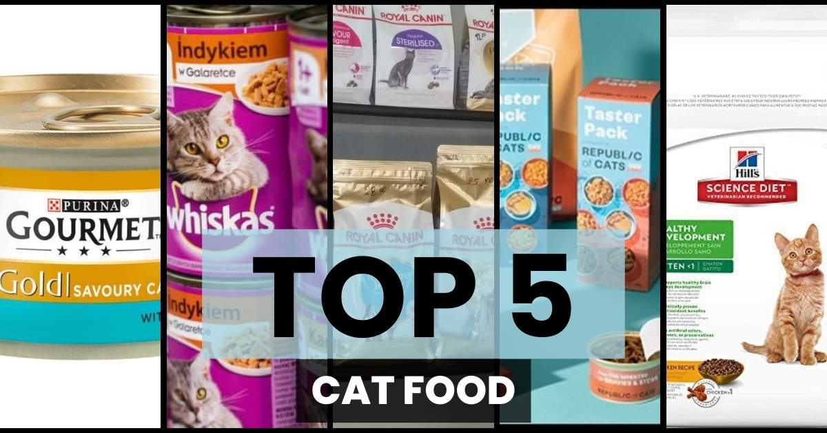 Top 5 Cat food brands, including Purina Gourmet, Whiskas, Royal Canin, Poppy Taster Packs, and Hill's Science Diet.